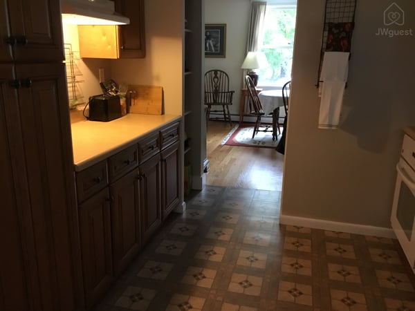 Galley kitchen from front door — Rooms on the River Free Parking Wi-Fi, South Lee, Massachusetts