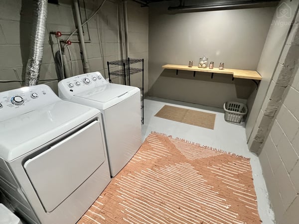 Full washer and dryer in a dedicated space. Laundry soaps provided for each stay — Balm Villa - 2 King En Suites and 1 Queen, Newburgh, New York