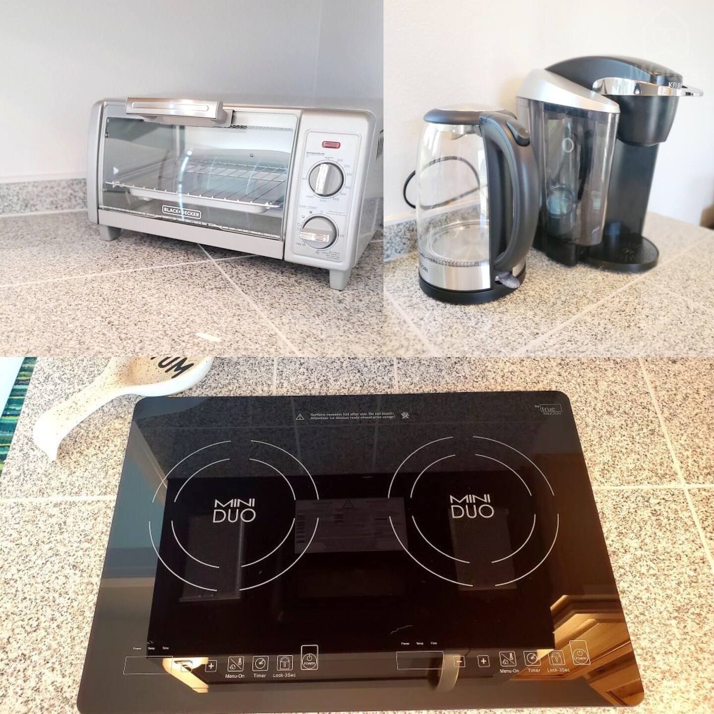 Some Kitchen amenities- cook top, coffee, tea and toaster oven. — Tiny home with Mountain View, Sequim, Washington