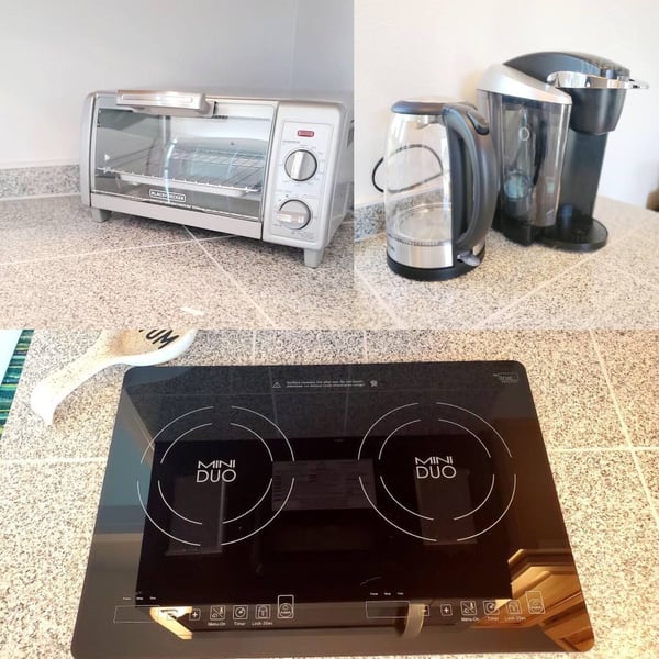 Some Kitchen amenities- cook top, coffee, tea and toaster oven. — Tiny home with Mountain View, Sequim, Washington