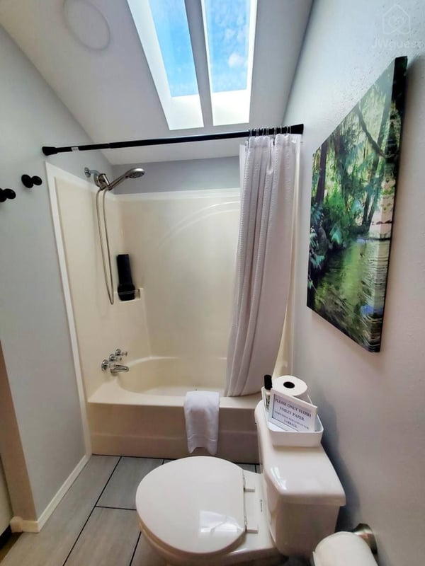 Light and airy bathroom — Tiny home with Mountain View, Sequim, Washington