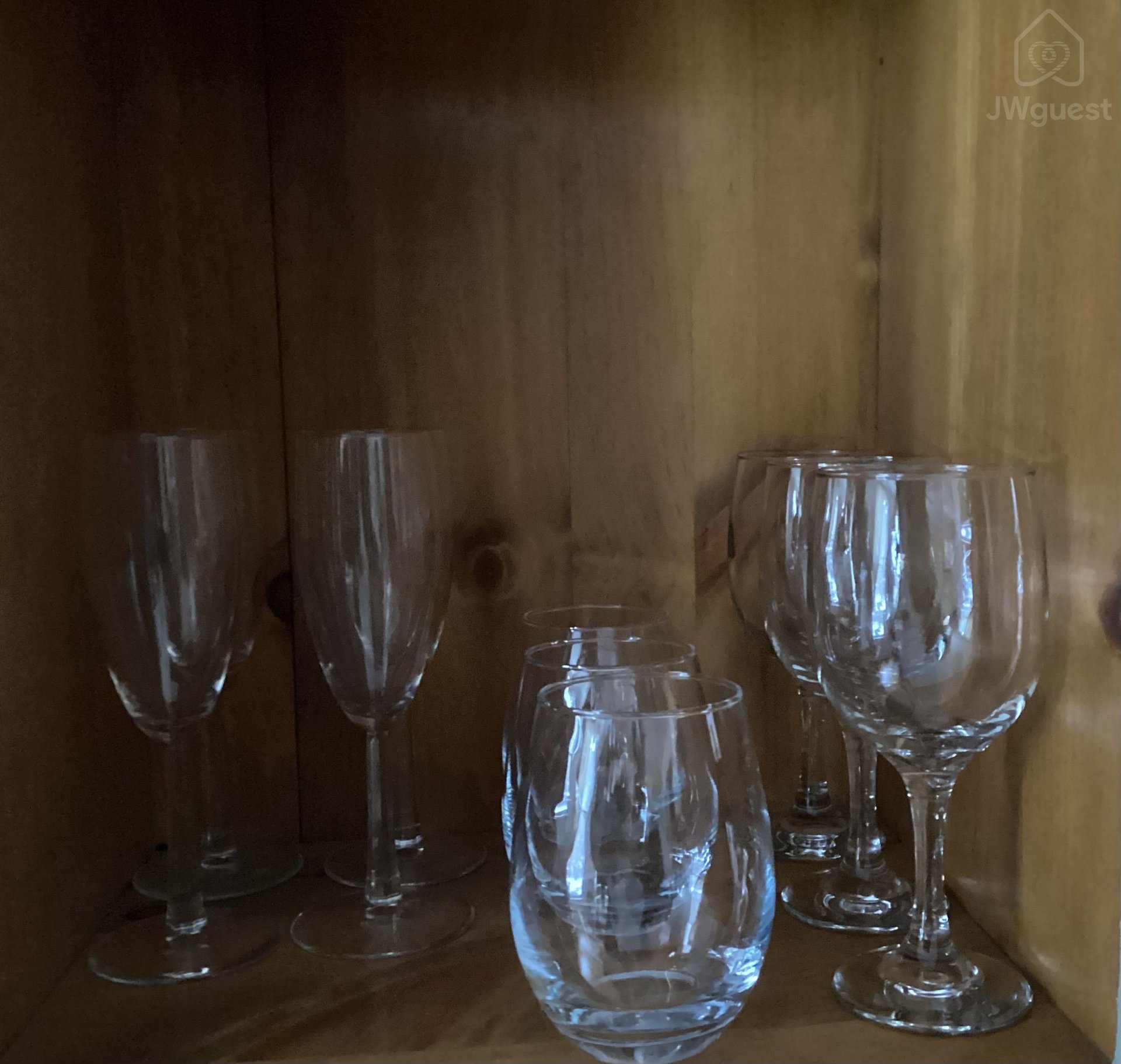 Wine glasses - hutch — Rooms on the River Free Parking Wi-Fi, South Lee, Massachusetts