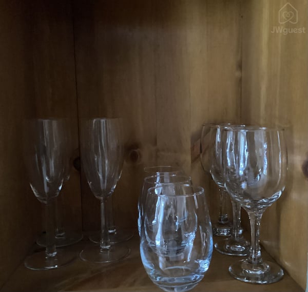 Wine glasses - hutch — Rooms on the River Free Parking Wi-Fi, South Lee, Massachusetts