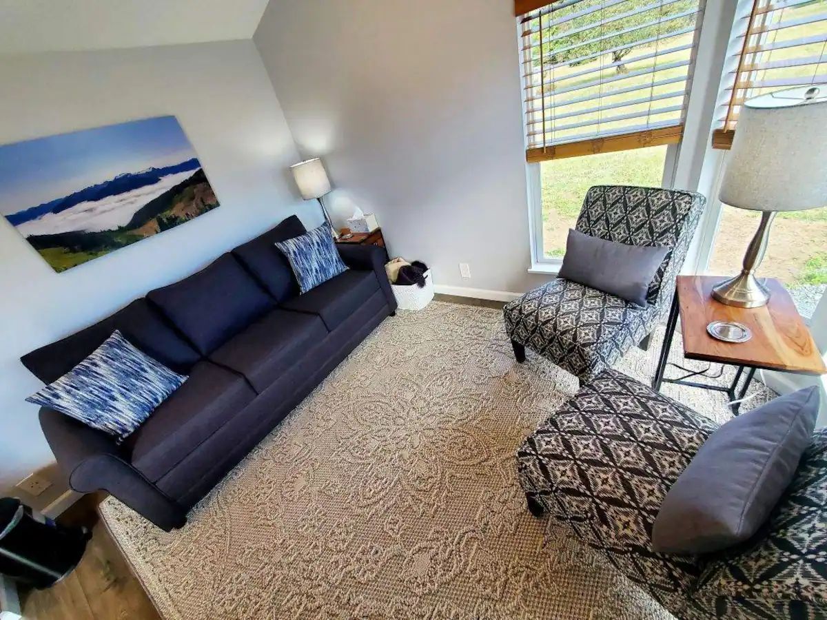 Come in and relax in the living area — Tiny home with Mountain View, Sequim, Washington