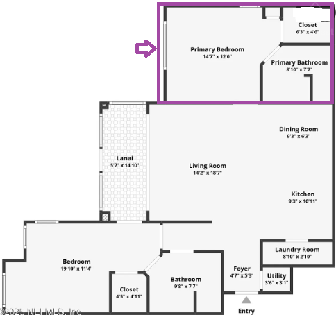Purple box shows the layout of the accomodation. Common areas separate private sleeping quarters. — Private Room in a shared space setting - St Augustine FL Sisters only, St. Augustine, Florida