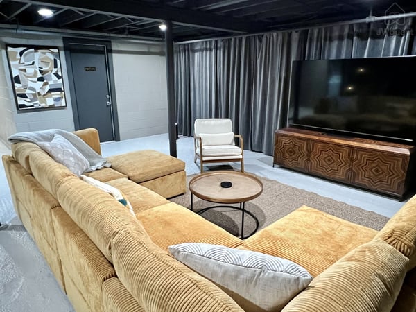 TV Lounge area in the basement — Balm Villa - 2 King En Suites and 1 Queen, Newburgh, New York