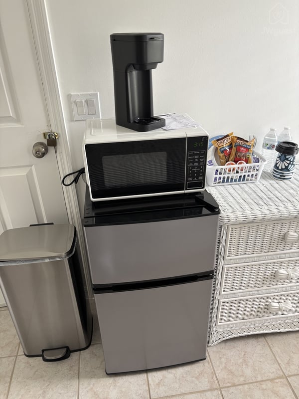 Mini fridge with small separate freezer, microwave, Keurig coffee machine — Beach and Mets baseball - waterfront dining, Port St. Lucie, Florida