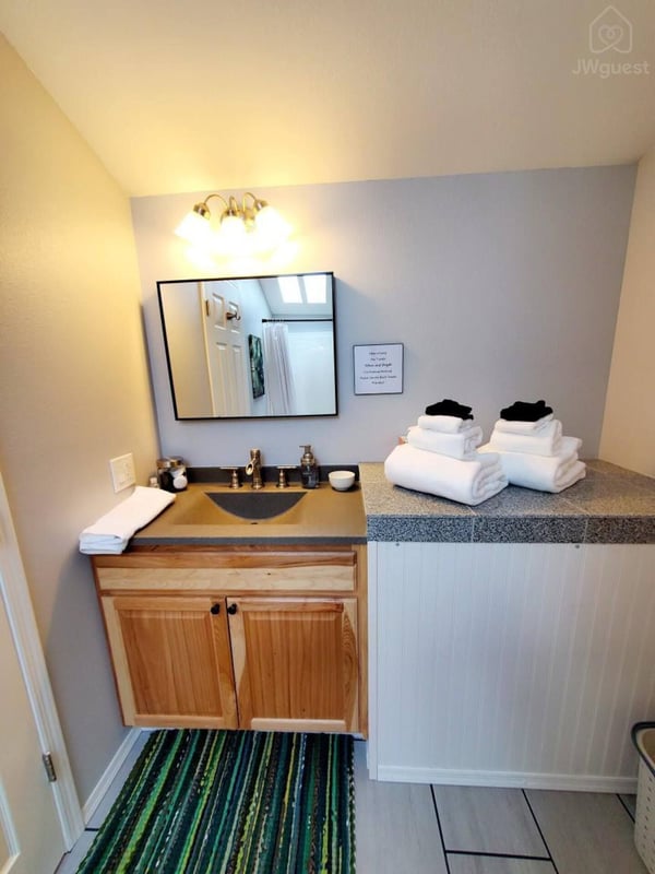 Plenty of bathroom counter space — Tiny home with Mountain View, Sequim, Washington