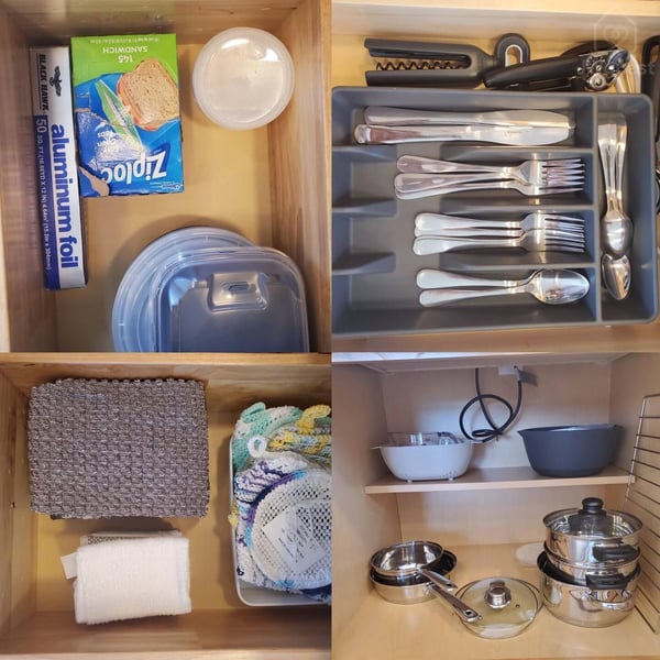Silverware, storage containers, and pots and pans — Tiny home with Mountain View, Sequim, Washington