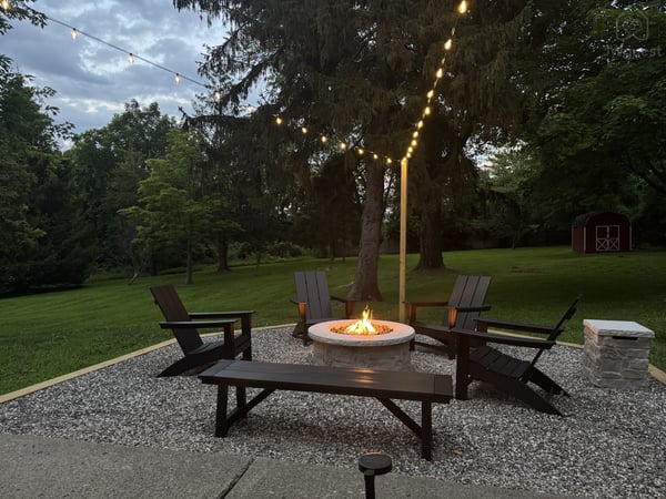 Outdoor propane fire pit and seating for a relaxing time enjoying the outdoors — Balm Villa - 2 King En Suites and 1 Queen, Newburgh, New York