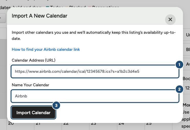 Import a New Calendar window with the Airbnb link