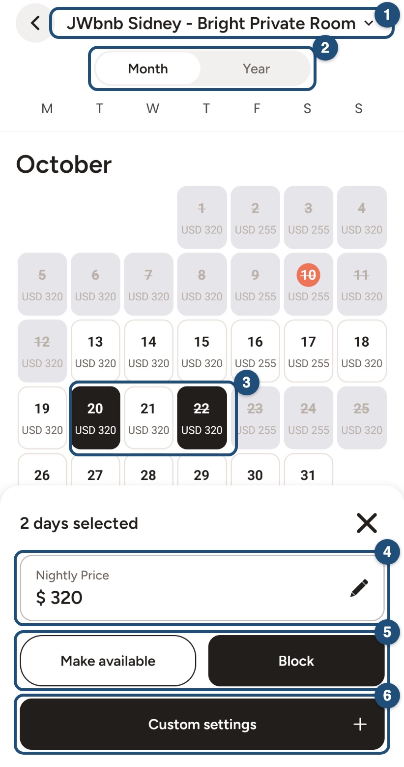 Host calendar in the Android app with the price of the selected days