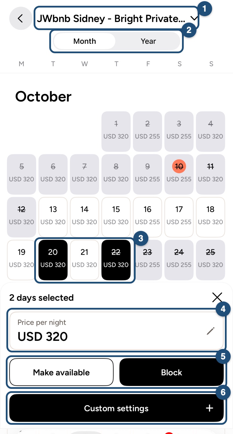 Host calendar in the iOS app with the price of the selected days