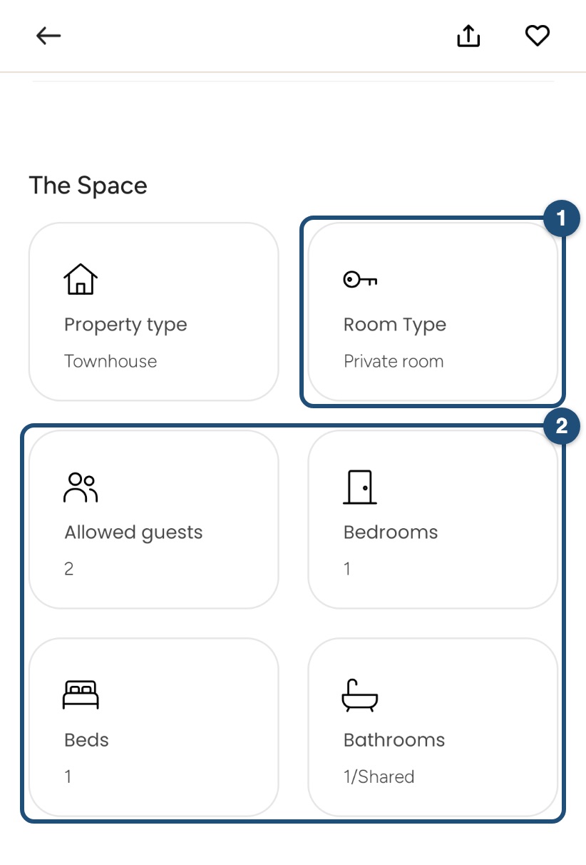 El espacio en la app de Android: tipo de habitación, huéspedes, dormitorios, camas y baños