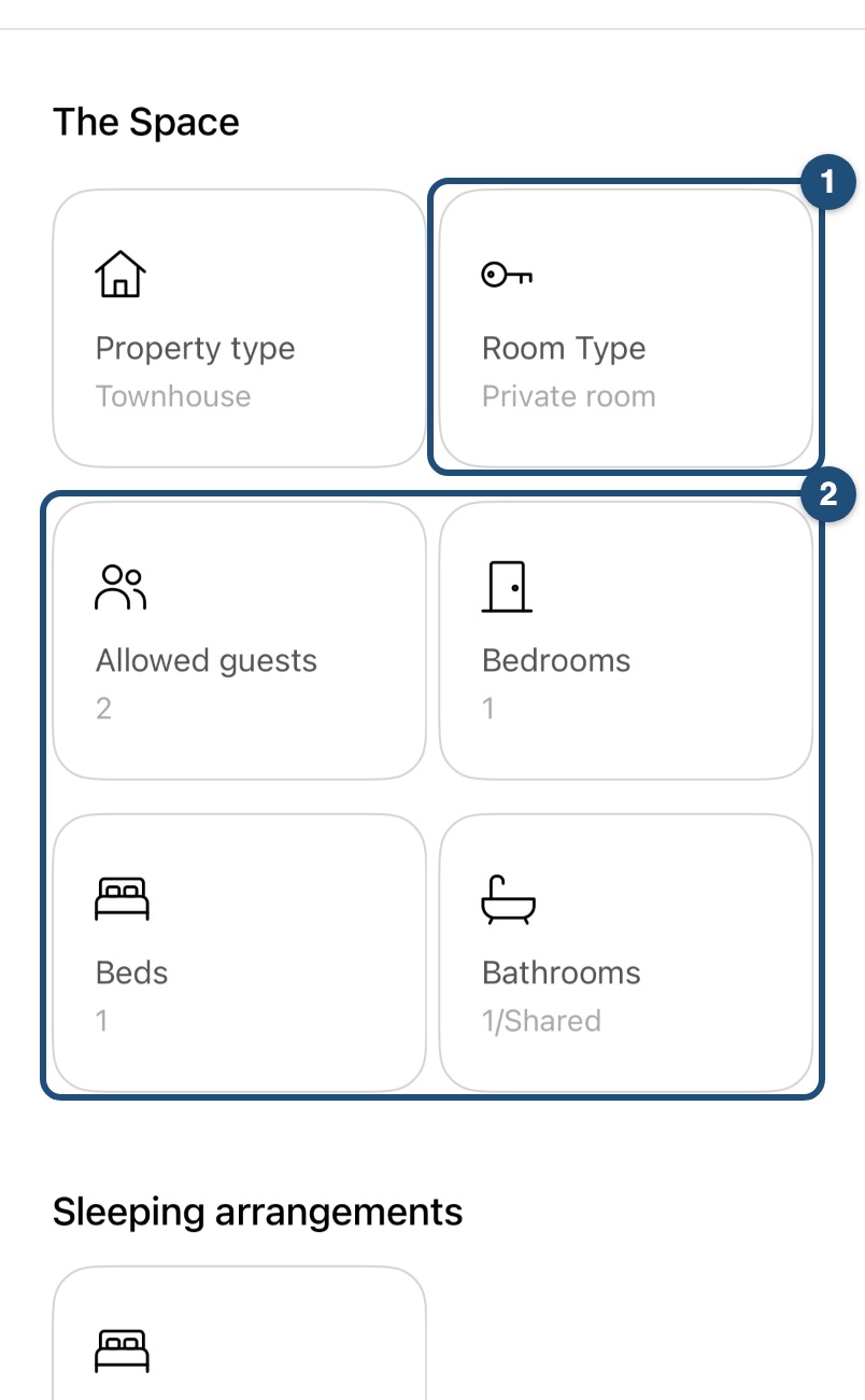 El espacio en la app de iOS: tipo de habitación, huéspedes, dormitorios, camas y baños
