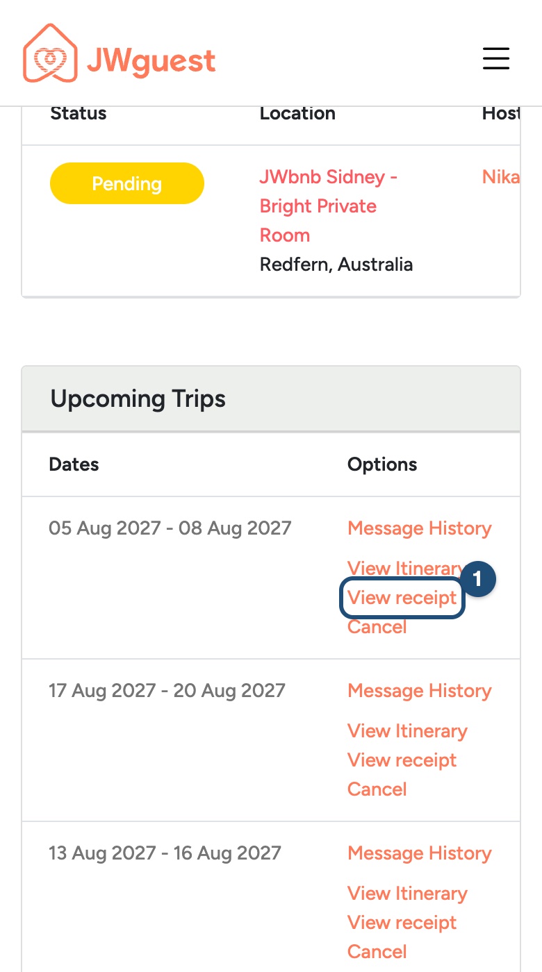 Trips on a phone with View receipt