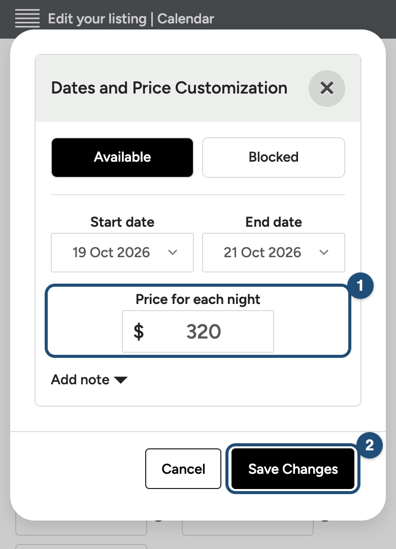 Price for the selected days on a phone