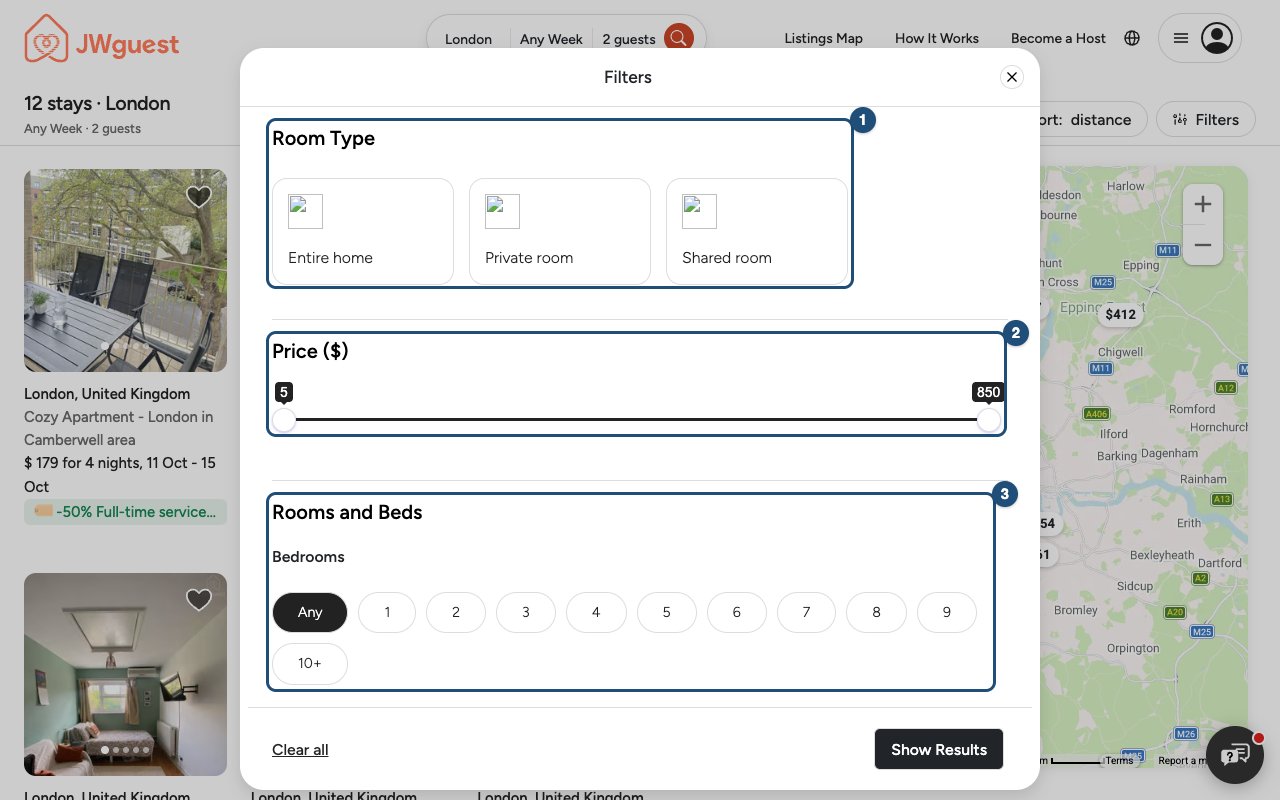 Filters window: Room Type, Price, Rooms and Beds