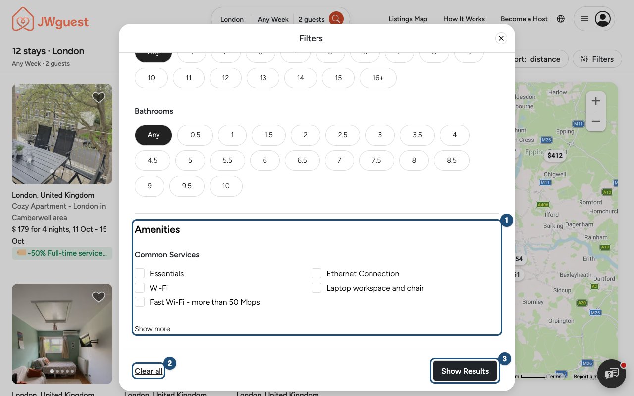 Filters window: Amenities, Clear all, Show Results