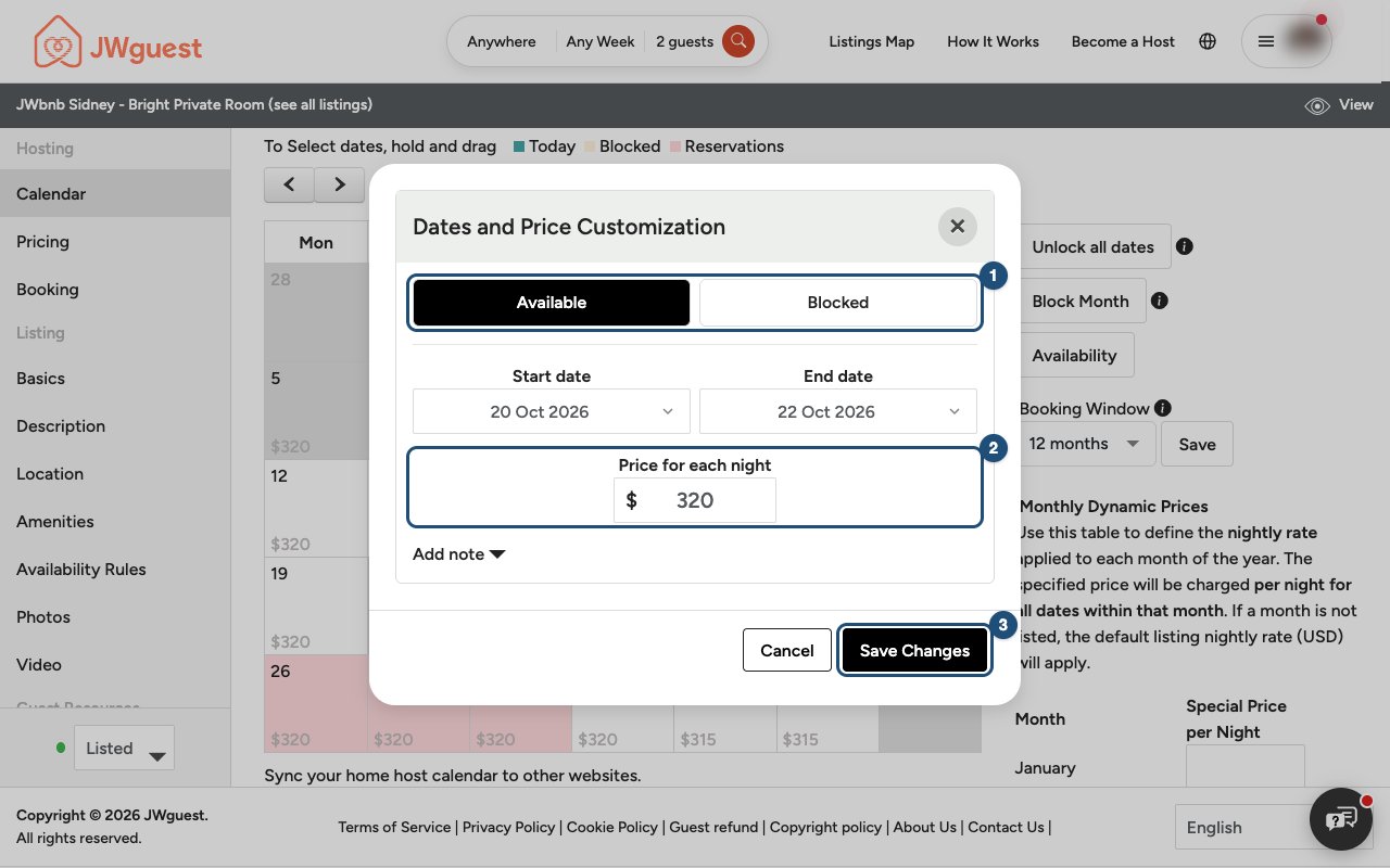Dates and Price Customization: availability, price for each night, Save changes