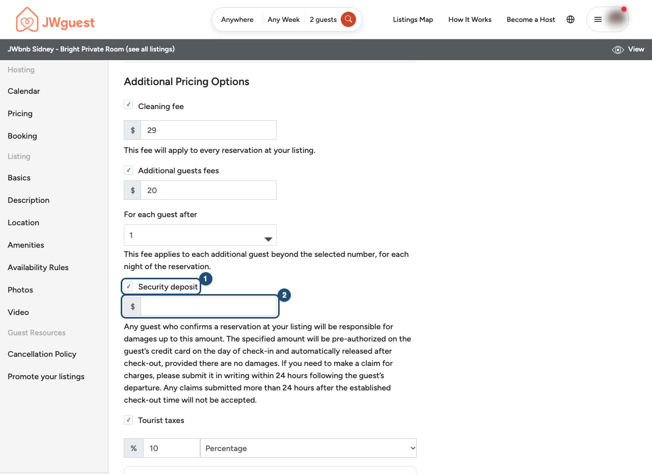 Security deposit on the Pricing page