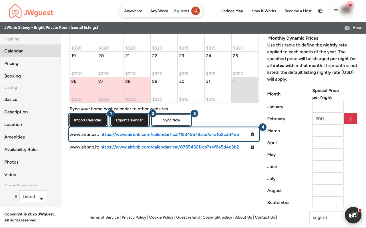 Import Calendar, Export Calendar and Sync Now below the calendar, with an imported calendar