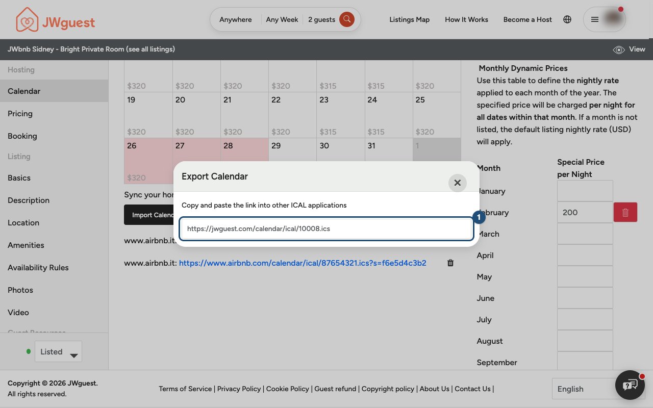 Export Calendar window with the link