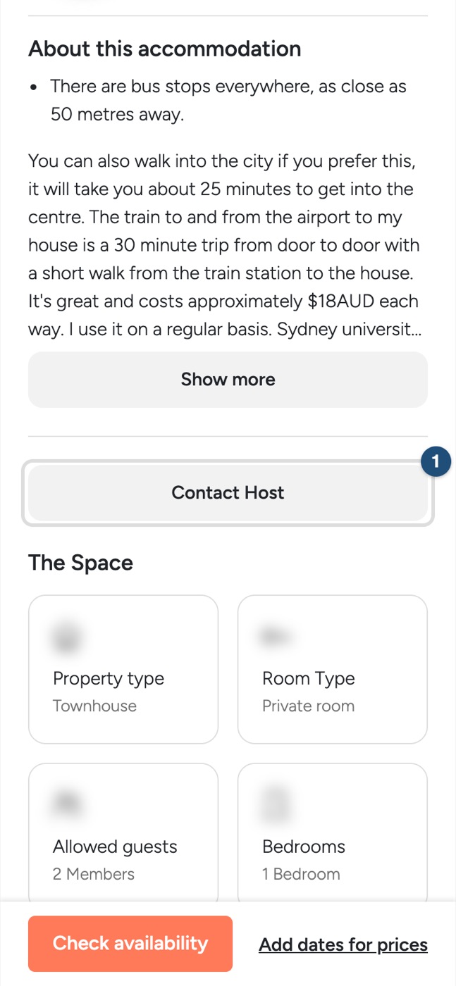 Listing page on a phone, Contact Host