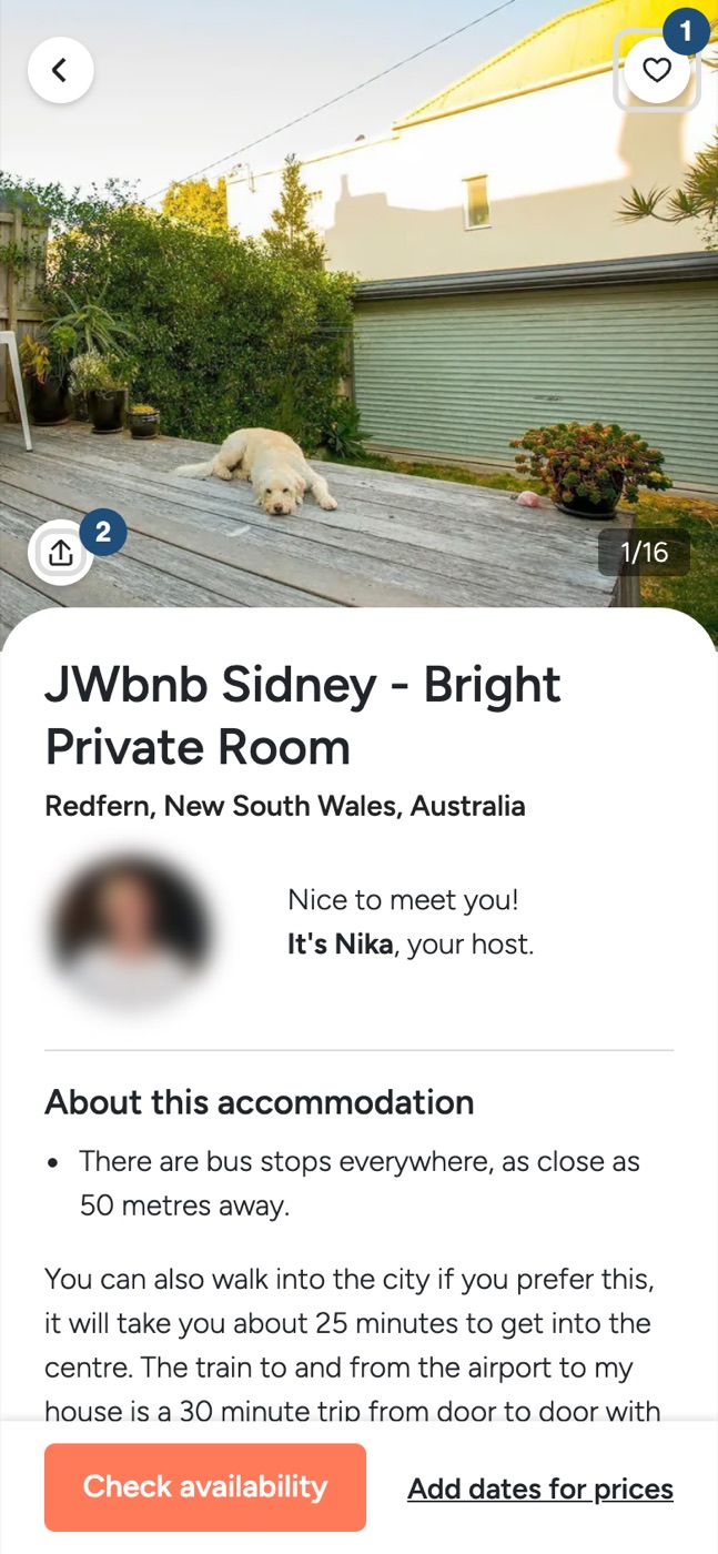 Listing page on a phone, Save and Share
