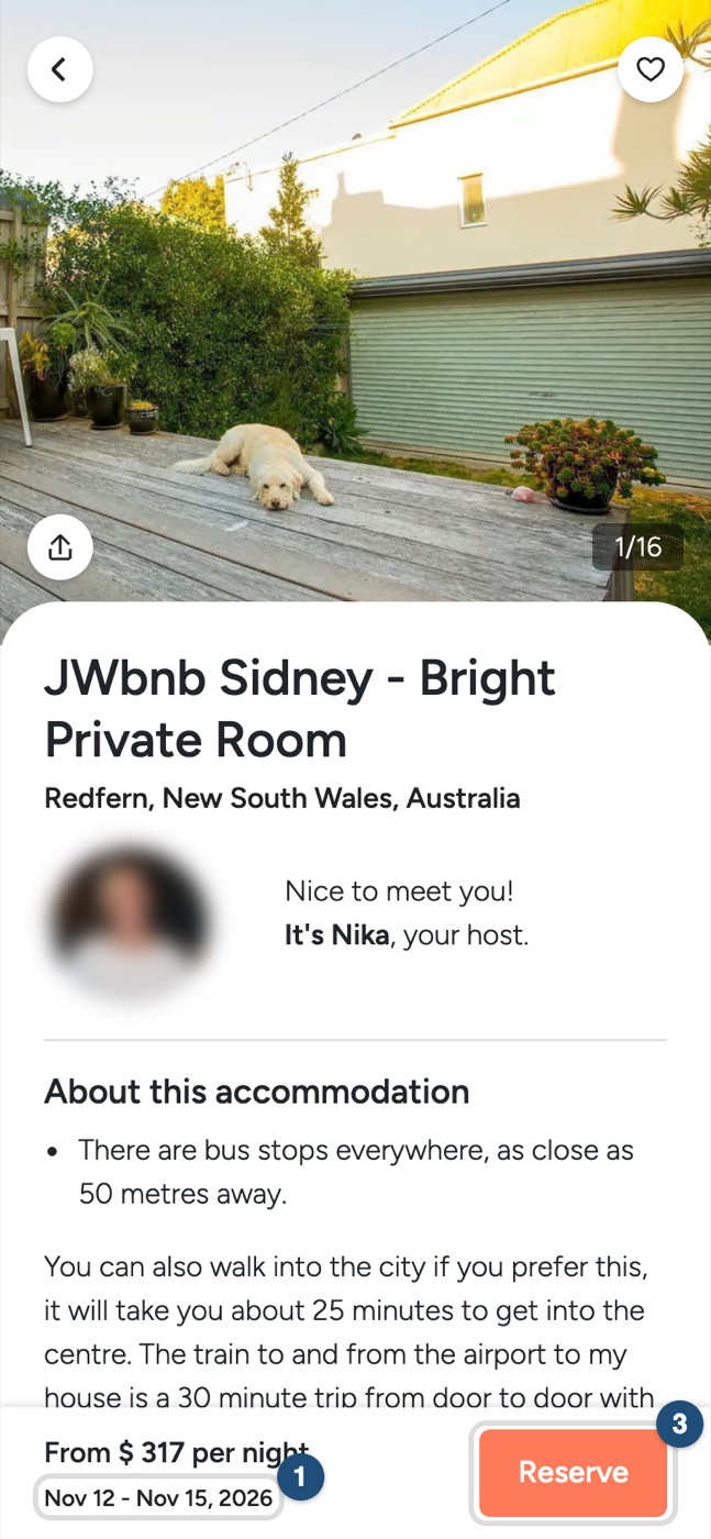 Listing page on a phone, dates, guests and Reserve