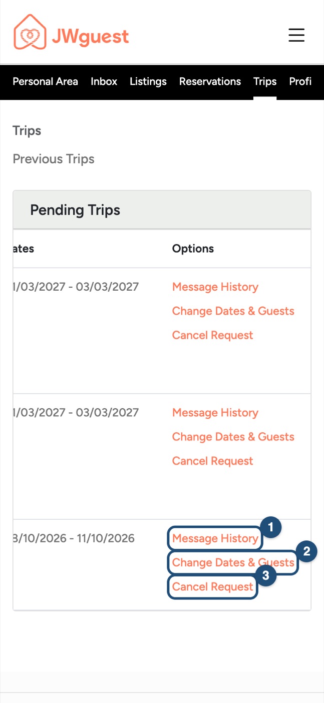 Trips page on a phone, Options column