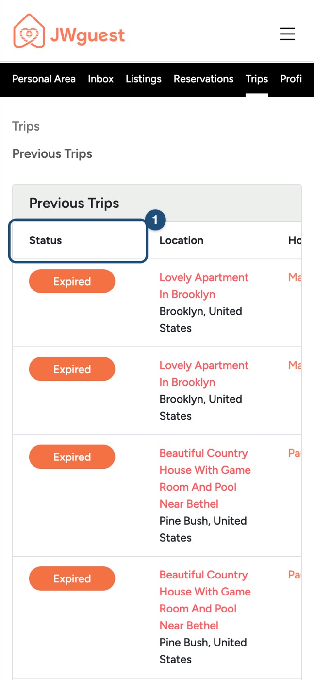 Previous Trips on a phone, Status column