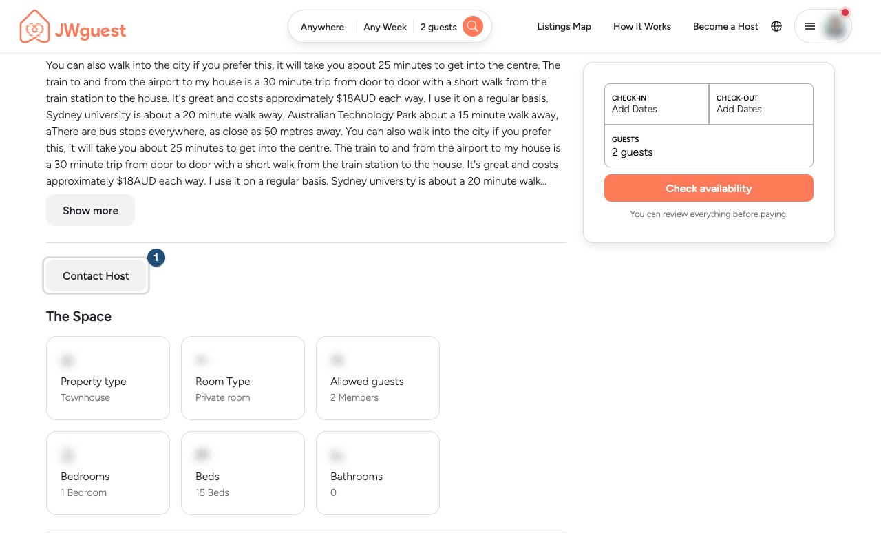 Listing page, Contact Host