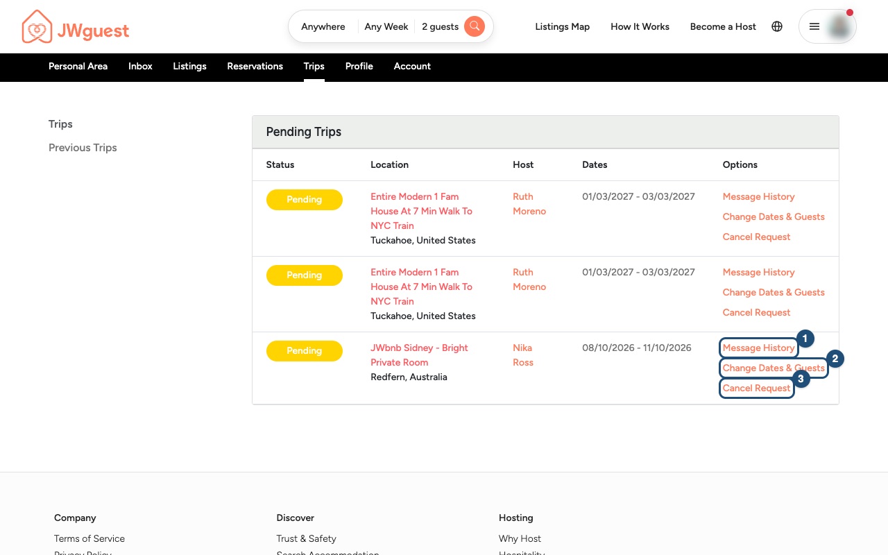 Trips page, Options column